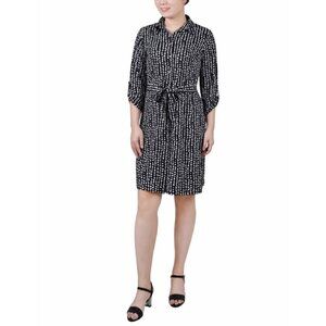 NY COLLECTION Petite 3/4-Sleeve Black and White Printed Shirt Dress NWT